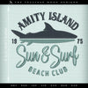 Embroidery: Retro Style Jaws-inspired "Amity Island Sun & Surf" Horror Humor (4 5 6 and 7 Inches High; Two Thread Colors)