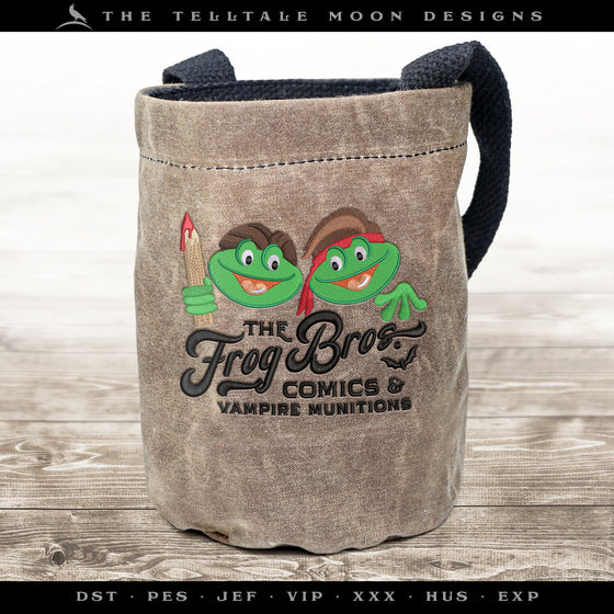 Embroidery Files: "Frog Bros. Comics" Logo - Five Sizes 5.5 to 9 Inches