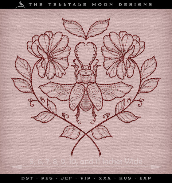 Embroidery: Beetle & Flowers Drawing (Eight Sizes 5 to 12 Inches; Two Thread Colors)