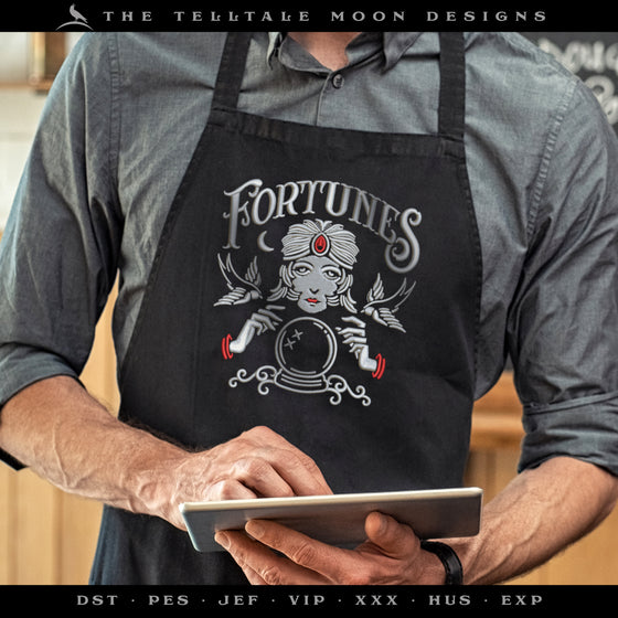Embroidery: "Fortunes" Dark Vintage Design - Four Sizes at 5.5, 6.5, 7.5, and 8.5 Inches