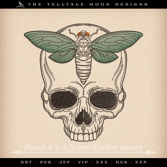Embroidery: Cicada Skull - Five Sizes 4 to 8 Inches Square - Three Thread Colors