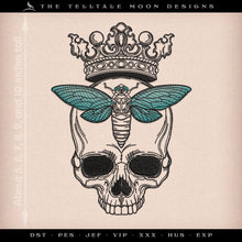  Embroidery: Crowned Skull with Cicada - Six Sizes 5 to 10 Inches Tall