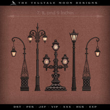  Embroidery: Classic Iron Street Lamps, Sizes Between 7 and 9 Inches Wide (Two Versions Included)