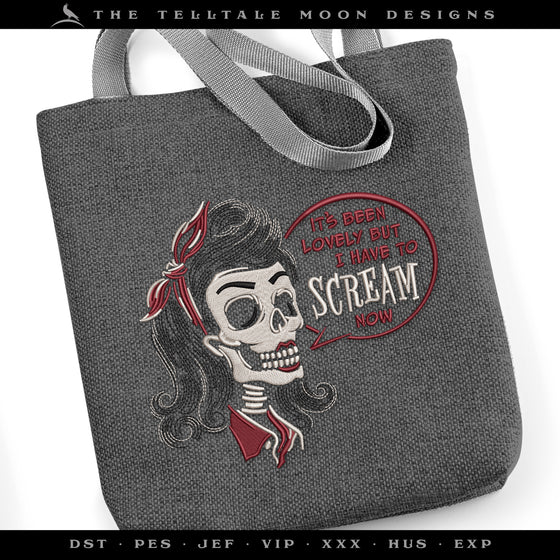 Embroidery: "It's Been Lovely" Rockabilly Skull - Six Sizes 5 to 9 Inches