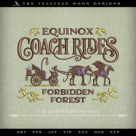 Embroidery: Wizarding "Equinox Coach Rides" Sign - Two Styles - Four Sizes Each, Between 7 and 10 Inches