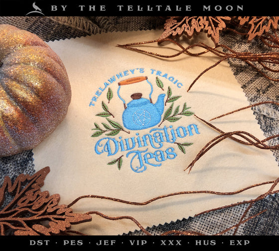Embroidery Files: "Divination Teas" in Three Sizes (4, 5, 5.5 Inches), Plus Drink Cozy