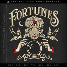  Embroidery: "Fortunes" Dark Vintage Design - Four Sizes at 5.5, 6.5, 7.5, and 8.5 Inches