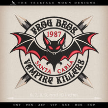  Embroidery Files: "Frog Bros. Vampire Killers" Logo - Five Sizes 6 to 10 Inches Wide