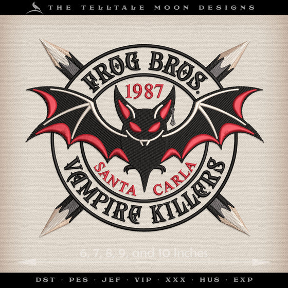 Embroidery Files: "Frog Bros. Vampire Killers" Logo - Five Sizes 6 to 10 Inches Wide