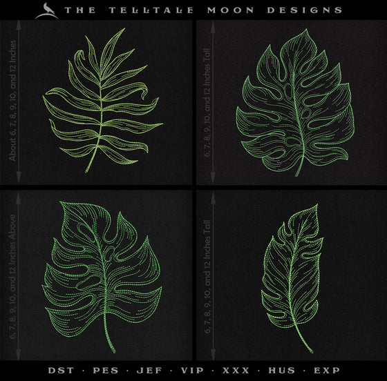 Embroidery: FOUR Leaf Drawings - Majestic Palm, Monstera, and Philodendron - Several Sizes Each