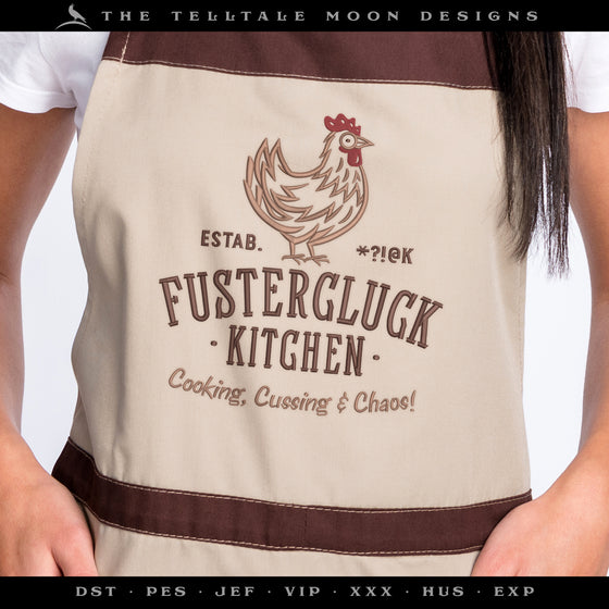Machine Embroidery: "Fustercluck Kitchen" Humor (Five Sizes 5.5 to 9.5 Inches Tall; Three Thread Colors)