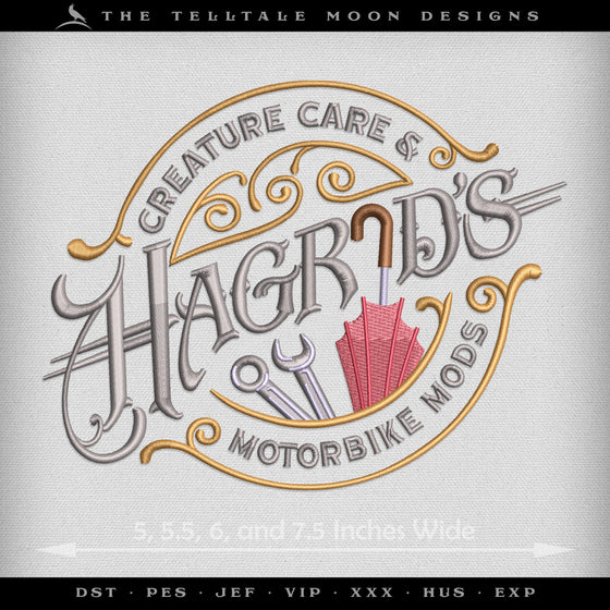 Embroidery: "Hagrid's Garage" Wizard Mechanic Logo (Four Sizes Between 5 and 7.5 Inches)