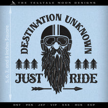  Embroidery: "Destination Unknown, Just Ride" - 5, 6, 7, and 8 Inches Square