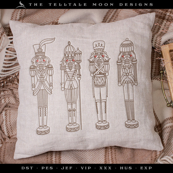 Embroidery Set: Drawings of Four Nutcrackers, PLUS Pennant and Tree Skirt Artwork for Classic Decorating - 6x6, 5x7, and Larger Hoops
