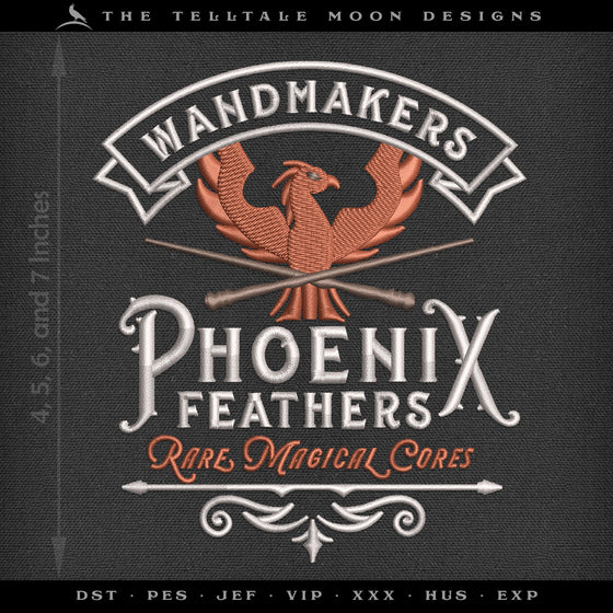 Embroidery: "Phoenix Feathers" Wizard Wandmaker Logo (4, 5, 6, and 7 Inches)