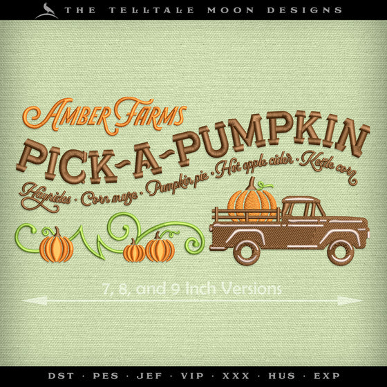 Embroidery: Pick-a-Pumpkin Farm Sign (Three Sizes 7-9 Inches Wide)