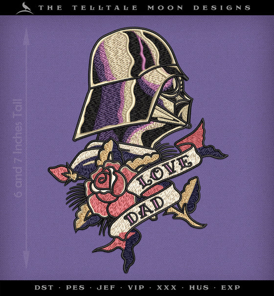 Machine Embroidery: Funny "Darth Dad" Sailor Tattoo (6 and 7 Inch Versions, Nine Thread Colors)