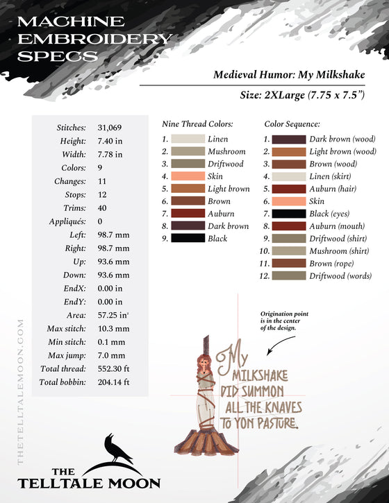 Embroidery: Medieval Humor "My Milkshake" - Six Sizes About 4 to 9 Inches Tall