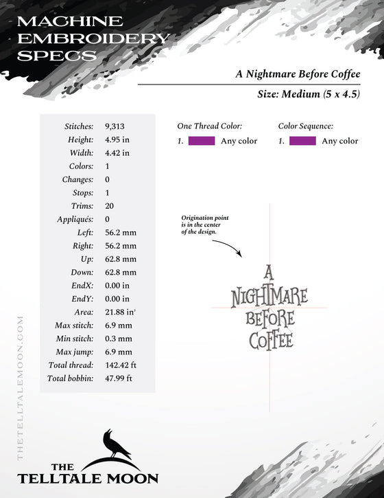 Embroidery: "A Nightmare Before Coffee" - Seven Sizes 4 to 12 Inches Tall