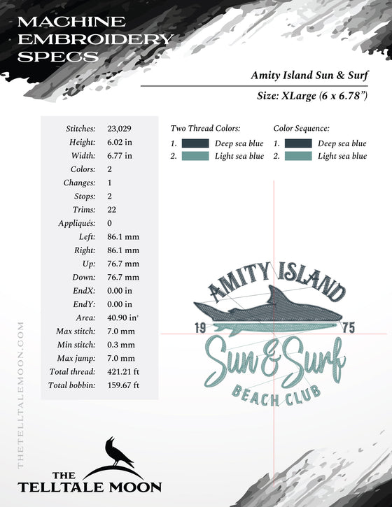 Embroidery: Retro Style Jaws-inspired "Amity Island Sun & Surf" Horror Humor (4 5 6 and 7 Inches High; Two Thread Colors)