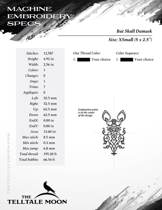 Embroidery Files: Vintage Style Bat Skull Damask - Six Sizes 5 to 10 Inches Tall