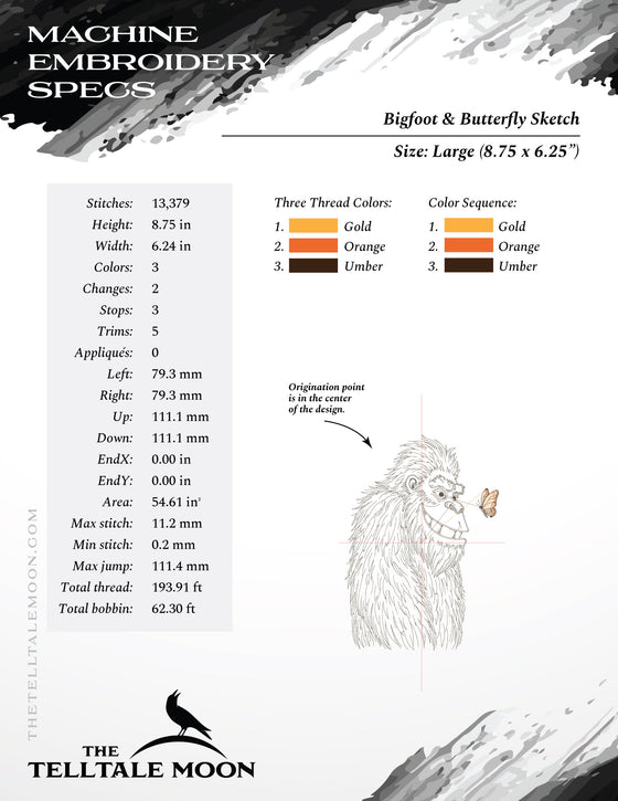 Embroidery: Bigfoot & Butterfly Sketch - Six Sizes Between 6 and 12 Inches Tall