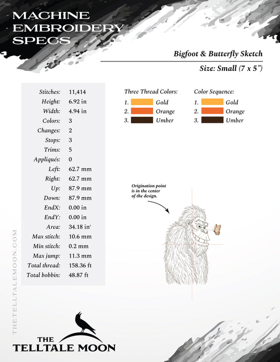 Embroidery: Bigfoot & Butterfly Sketch - Six Sizes Between 6 and 12 Inches Tall