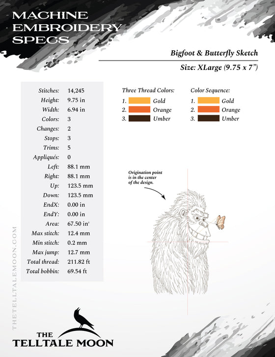 Embroidery: Bigfoot & Butterfly Sketch - Six Sizes Between 6 and 12 Inches Tall