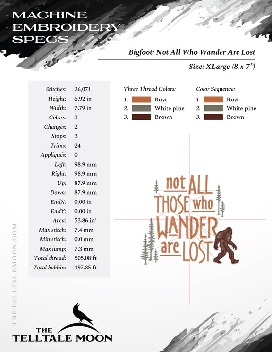 Embroidery: Bigfoot "Not All Those Who Wander" - Four Sizes Between 5.5 and 8 Inches Wide