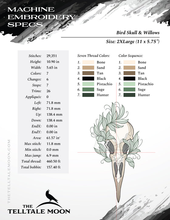 Embroidery Files: Bird Skull & Willows Sketch - Six Sizes Between 5 and 12 Inches Tall - Seven Thread Colors