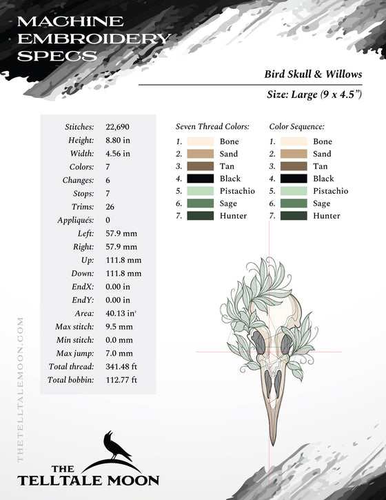 Embroidery Files: Bird Skull & Willows Sketch - Six Sizes Between 5 and 12 Inches Tall - Seven Thread Colors