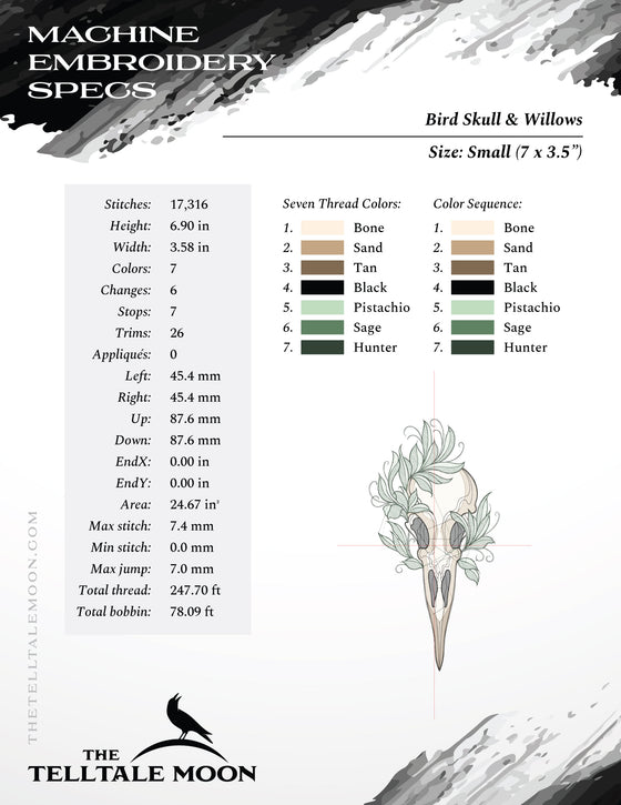 Embroidery Files: Bird Skull & Willows Sketch - Six Sizes Between 5 and 12 Inches Tall - Seven Thread Colors