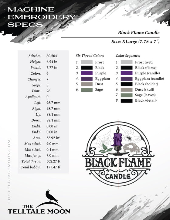 Embroidery: "Black Flame Candle" Label (Five Sizes, Six Thread Colors)