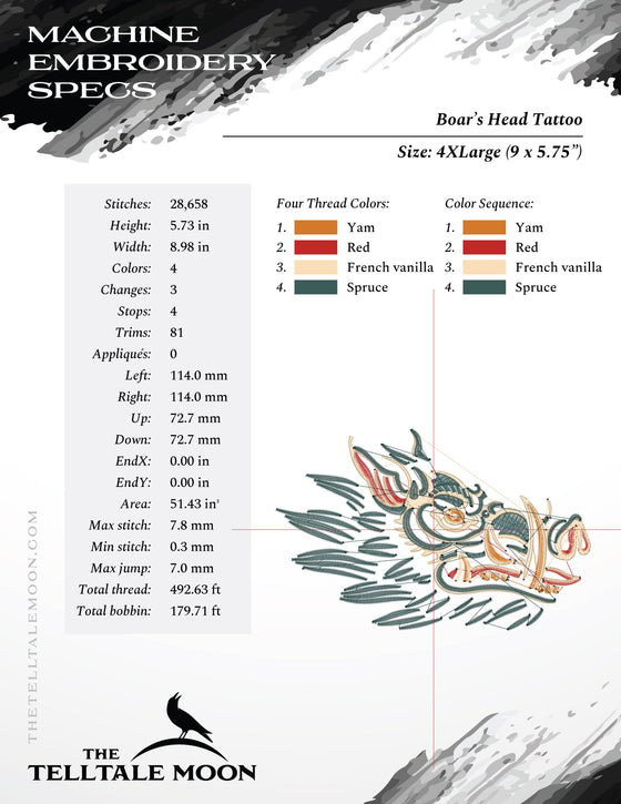 Embroidery Files: Boar's Head Tattoo in Seven Sizes (3.5, 4, 5, 6, 6.75, 7.8, and 9 Inches Wide), Four Thread Colors