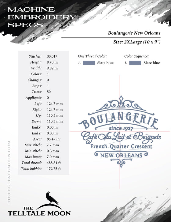 Embroidery: "Boulangerie New Orleans" in 5 Sizes (5.5 to 10 Inches Wide), One Color