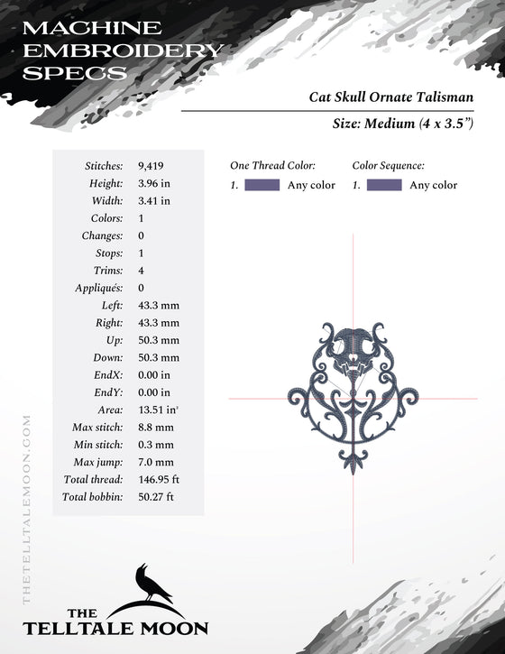 Embroidery: Cat Skull Ornate Talisman in Five Sizes - 3.5 to 7 Inches Tall