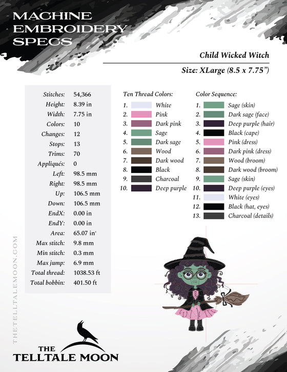 Embroidery Files: "Wee Wicked Witch" Cartoon Design Inspired by the Classic Book