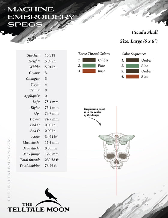 Embroidery: Cicada Skull - Five Sizes 4 to 8 Inches Square - Three Thread Colors