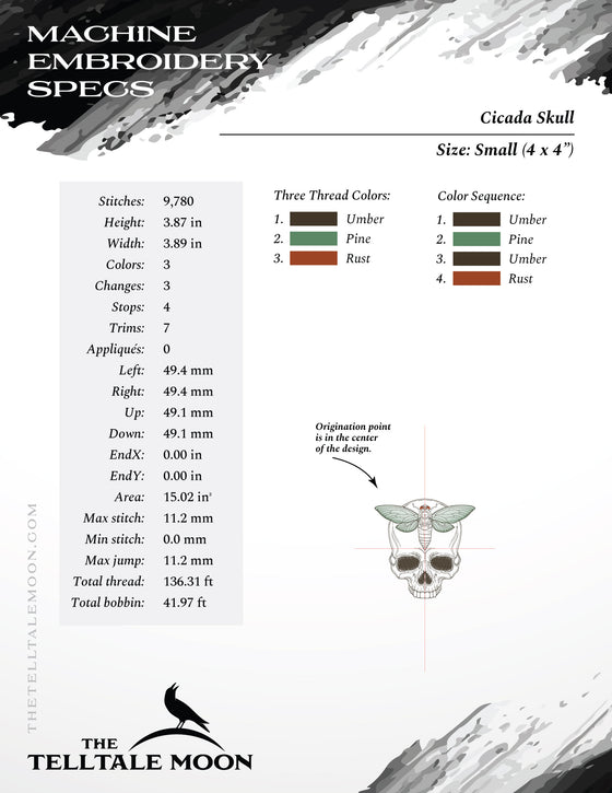 Embroidery: Cicada Skull - Five Sizes 4 to 8 Inches Square - Three Thread Colors
