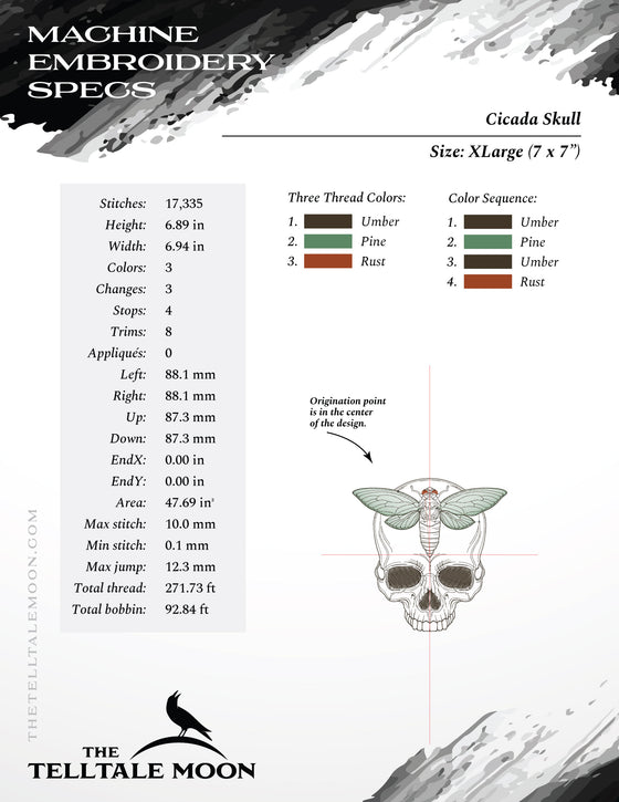 Embroidery: Cicada Skull - Five Sizes 4 to 8 Inches Square - Three Thread Colors