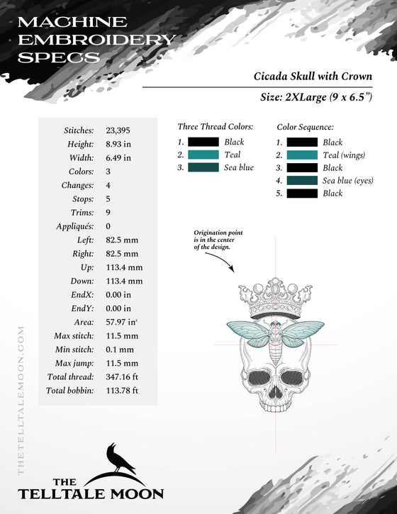 Embroidery: Crowned Skull with Cicada - Six Sizes 5 to 10 Inches Tall