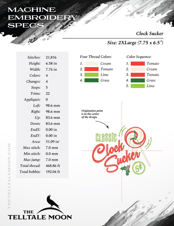 Embroidery: "Classic Clock Sucker" Retro Humor - Five Sizes for 4x4 and Larger Hoops