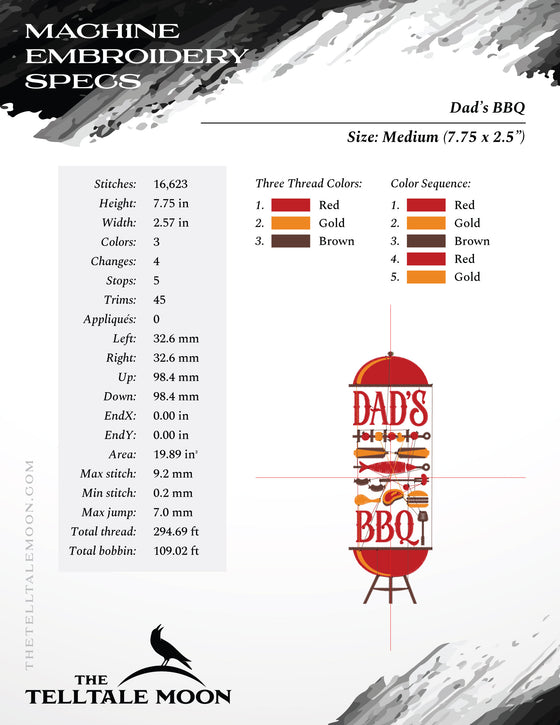 Embroidery: "Dad's BBQ" Design for Backyard Barbecue - Four Sizes PLUS Split Sets