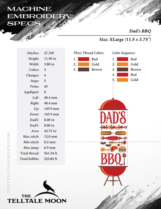 Embroidery: "Dad's BBQ" Design for Backyard Barbecue - Four Sizes PLUS Split Sets