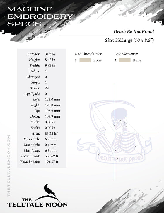 Embroidery: "Death Be Not Proud" Skeleton Design - 5, 6, 7, 8, and 9 Inch Sizes