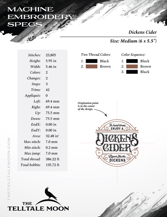 Embroidery: "Dickens Cider" Label - Five Sizes About 5 to 8 Inches - Two Colors