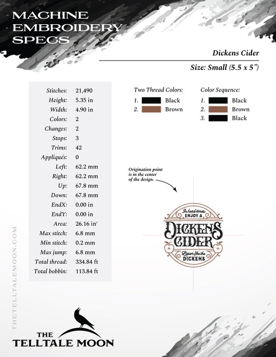 Embroidery: "Dickens Cider" Label - Five Sizes About 5 to 8 Inches - Two Colors