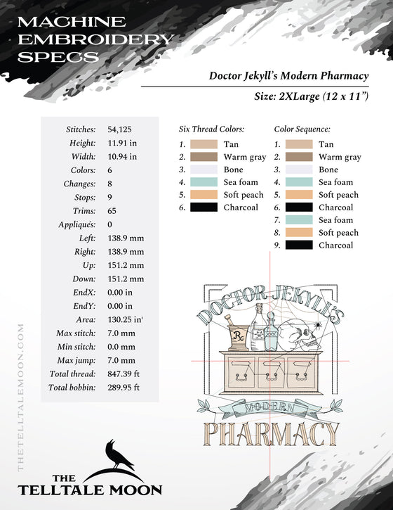 Embroidery: "Doctor Jekyll's Modern Pharmacy" Sketch-style in Five Sizes