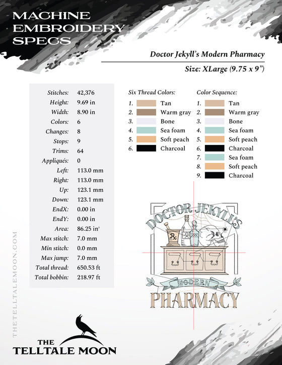 Embroidery: "Doctor Jekyll's Modern Pharmacy" Sketch-style in Five Sizes