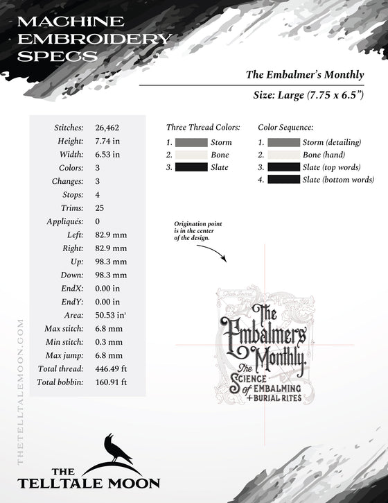 Embroidery: "The Embalmers Monthly" Antique Trade Design - Six Sizes - Three Thread Colors